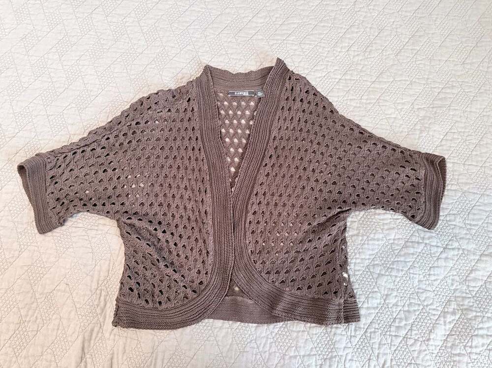 Elementz Petite Brown Open-Knit Crochet Shrug Cardigan boho size PL